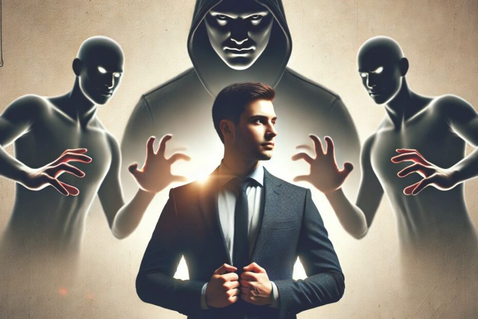 A confident person standing firmly with shadows of manipulative figures reaching out, blocked by an invisible barrier, symbolizing resilience against manipulation. - defining traits of a strong person