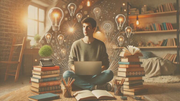 A goal oriented person sitting in a cozy space surrounded by books, a laptop, and educational materials, with floating light bulbs symbolizing new ideas. Plants grow from the books, representing personal growth through learning.