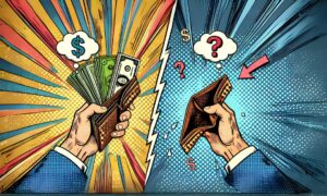 financially successfulv - A comic-style illustration depicting the financial contrast between prosperity and struggle, featuring two hands holding wallets against a vibrant pop-art background.