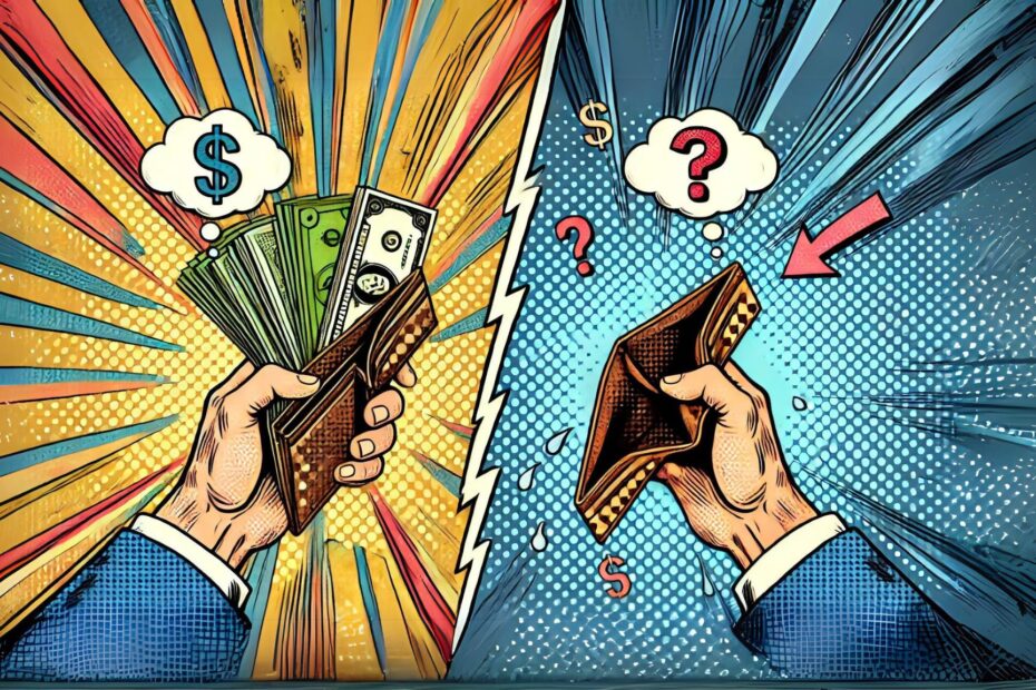 financially successfulv - A comic-style illustration depicting the financial contrast between prosperity and struggle, featuring two hands holding wallets against a vibrant pop-art background.