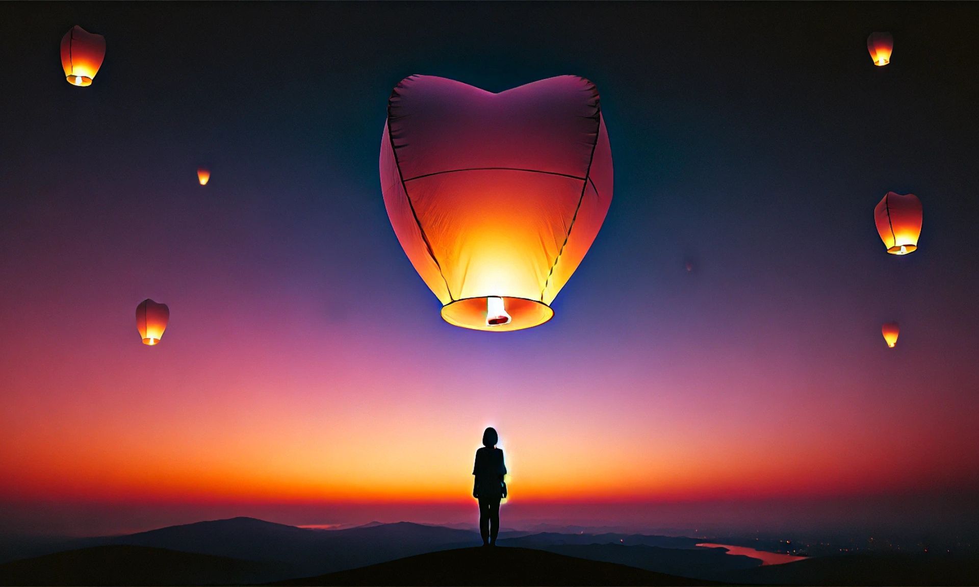 release your heart-A heart-shaped paper lantern floats away into a gradient evening sky, with a silhouette of a person watching it drift into the distance. The sky shifts from sunset hues to deep twilight.