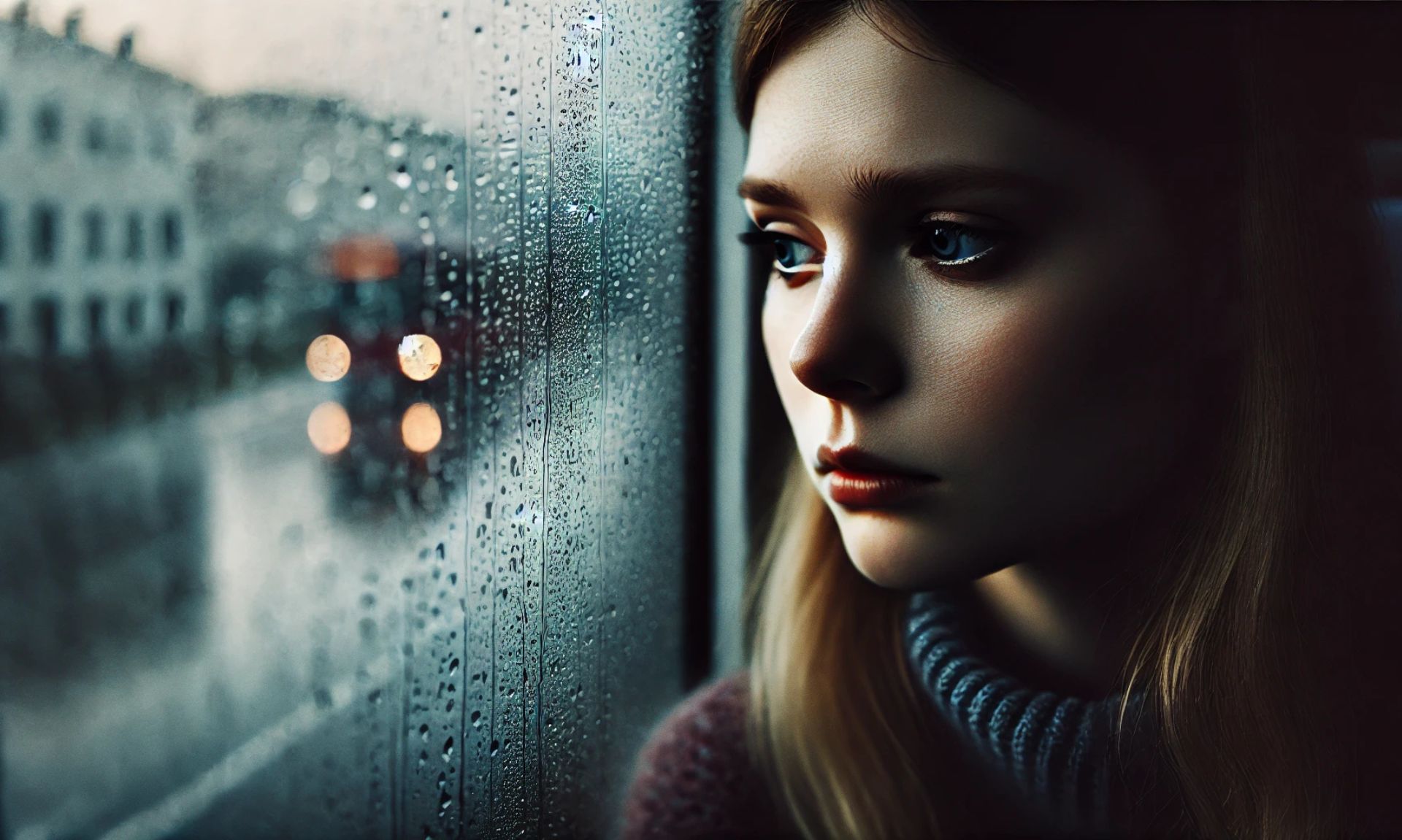 symptoms of depression in women- A close-up of a woman's face, partially shadowed, looking out of a rain-streaked window with a sad, thoughtful expression. A blurred rainy cityscape is visible in the background.