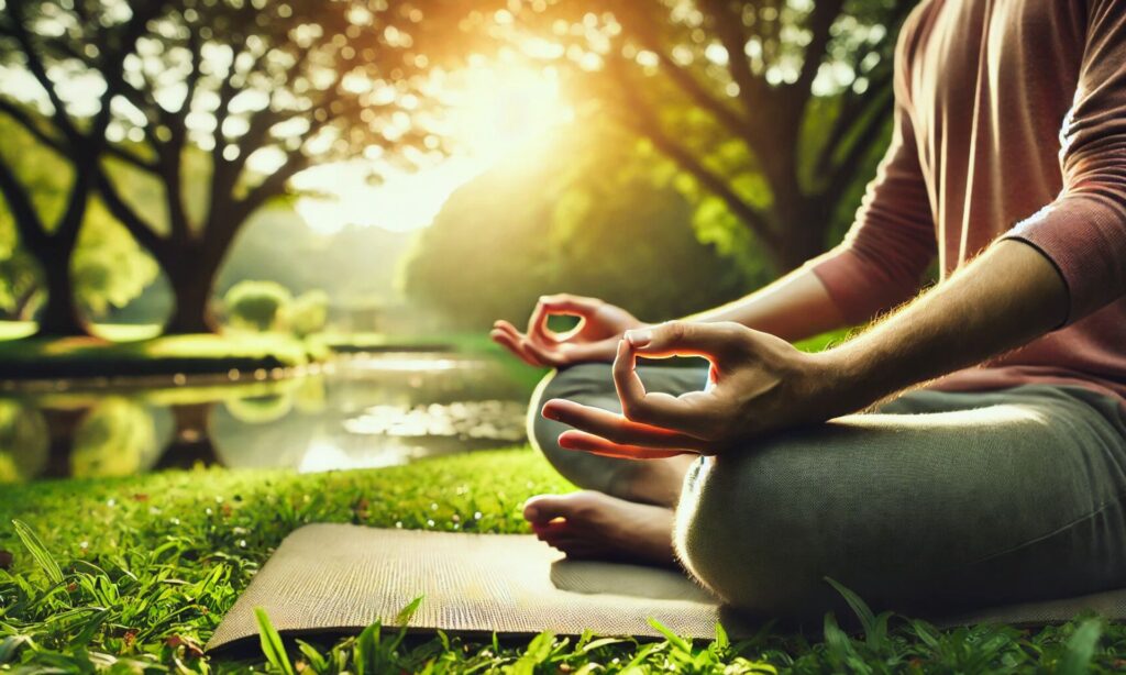  A peaceful image of a person practicing mindfulness meditation outdoors, seated cross-legged in a tranquil natural setting with sunlight filtering through trees, representing self-compassion and heart health.