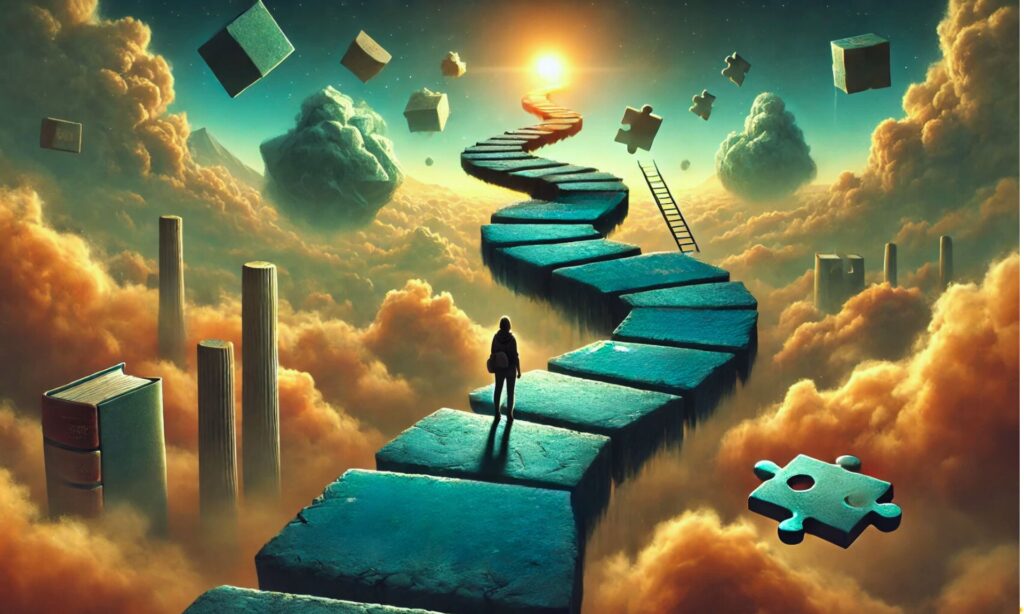 A surreal scene showing a person walking on a winding path made of large stepping stones labeled with the words "mistake" and "lesson," surrounded by floating puzzle pieces and books, symbolizing growth through learning and reflection.