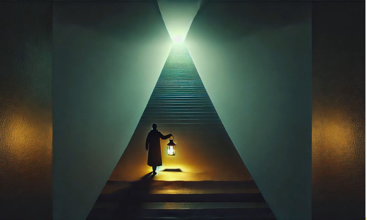 A surreal scene of a person walking up a steep, dark staircase holding a glowing lantern, symbolizing perseverance and resilience in a minimalistic environment. - positive outcomes of making mistakes