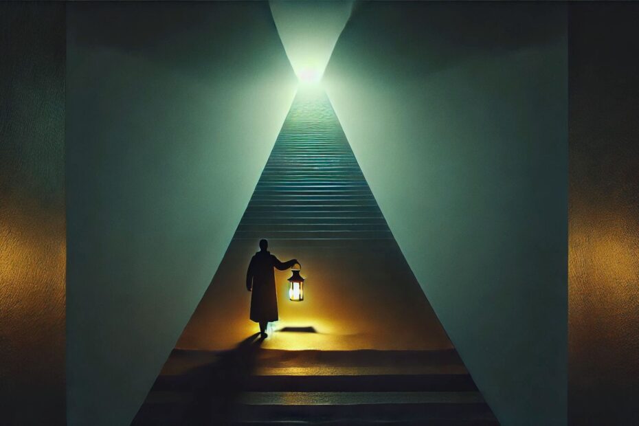 A surreal scene of a person walking up a steep, dark staircase holding a glowing lantern, symbolizing perseverance and resilience in a minimalistic environment. - positive outcomes of making mistakes