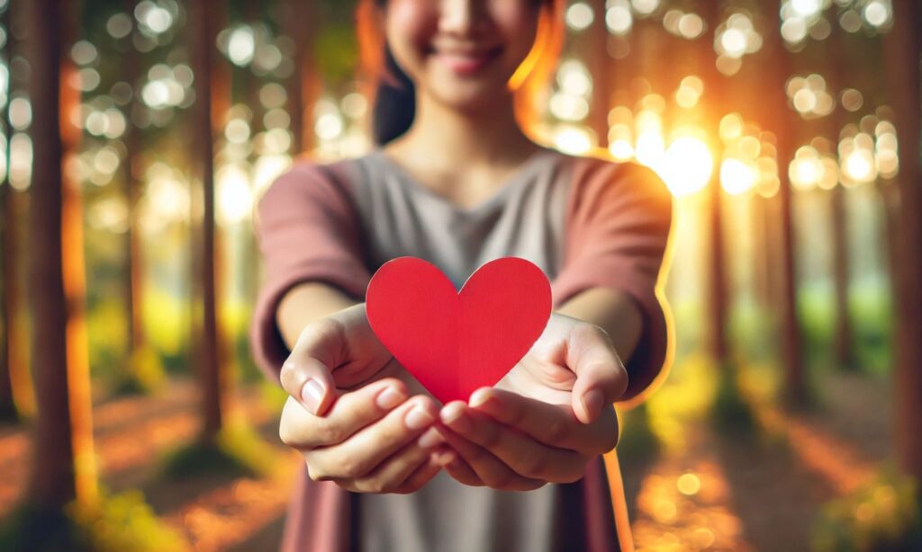 A person holding a red paper heart with both hands, smiling warmly while standing outdoors with sunlight filtering through trees.