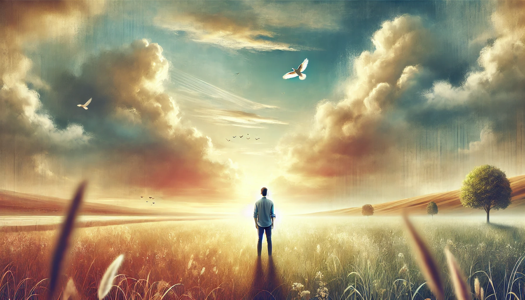 reminders to keep your mindset strong and positive- A person standing in a bright, open field with soft, warm light filtering through clouds, surrounded by rolling hills, flying birds, and a distant sunrise, evoking peace and motivation.