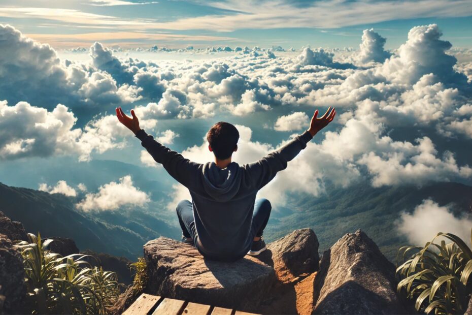 A person sitting on the edge of a rocky cliff with arms raised, facing away from the camera, overlooking a vast sea of clouds under a bright blue sky.