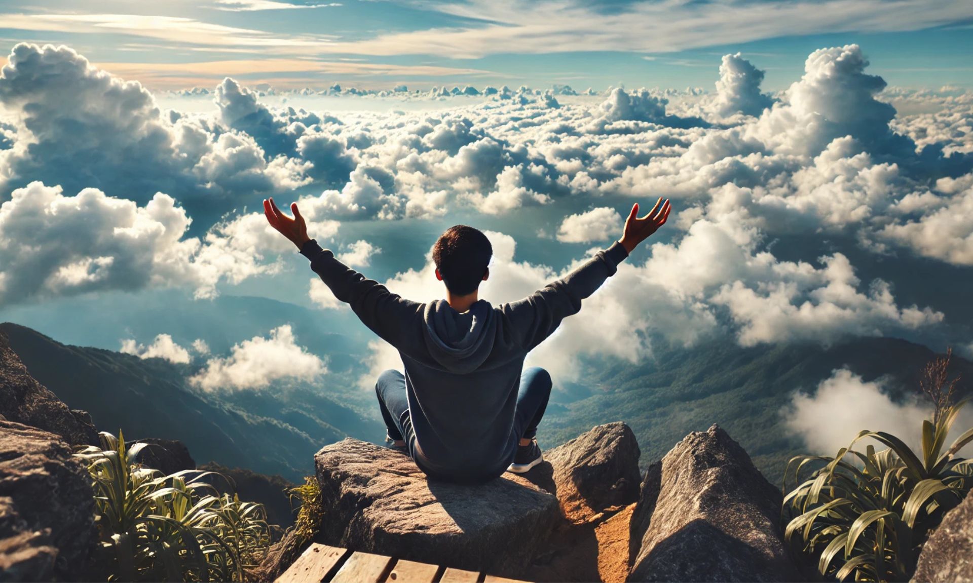 A person sitting on the edge of a rocky cliff with arms raised, facing away from the camera, overlooking a vast sea of clouds under a bright blue sky.