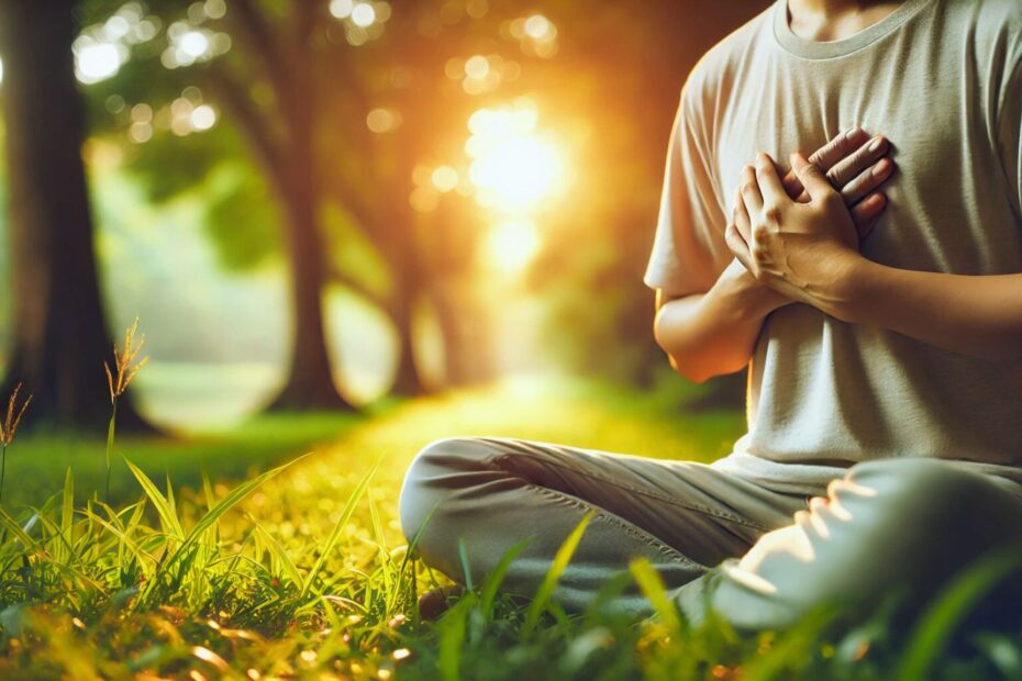 peaceful image of a person sitting outdoors with hands gently placed over their heart, symbolizing self-compassion and its role in promoting heart health. The background is a blurred natural setting with sunlight filtering through trees.