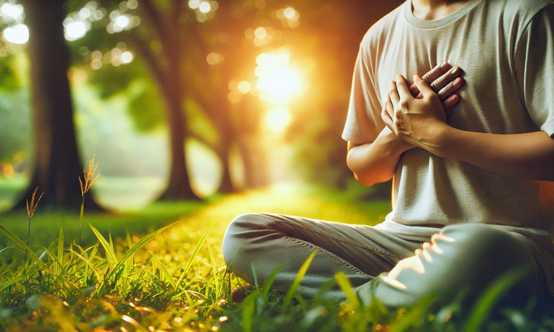 peaceful image of a person sitting outdoors with hands gently placed over their heart, symbolizing self-compassion and its role in promoting heart health. The background is a blurred natural setting with sunlight filtering through trees.