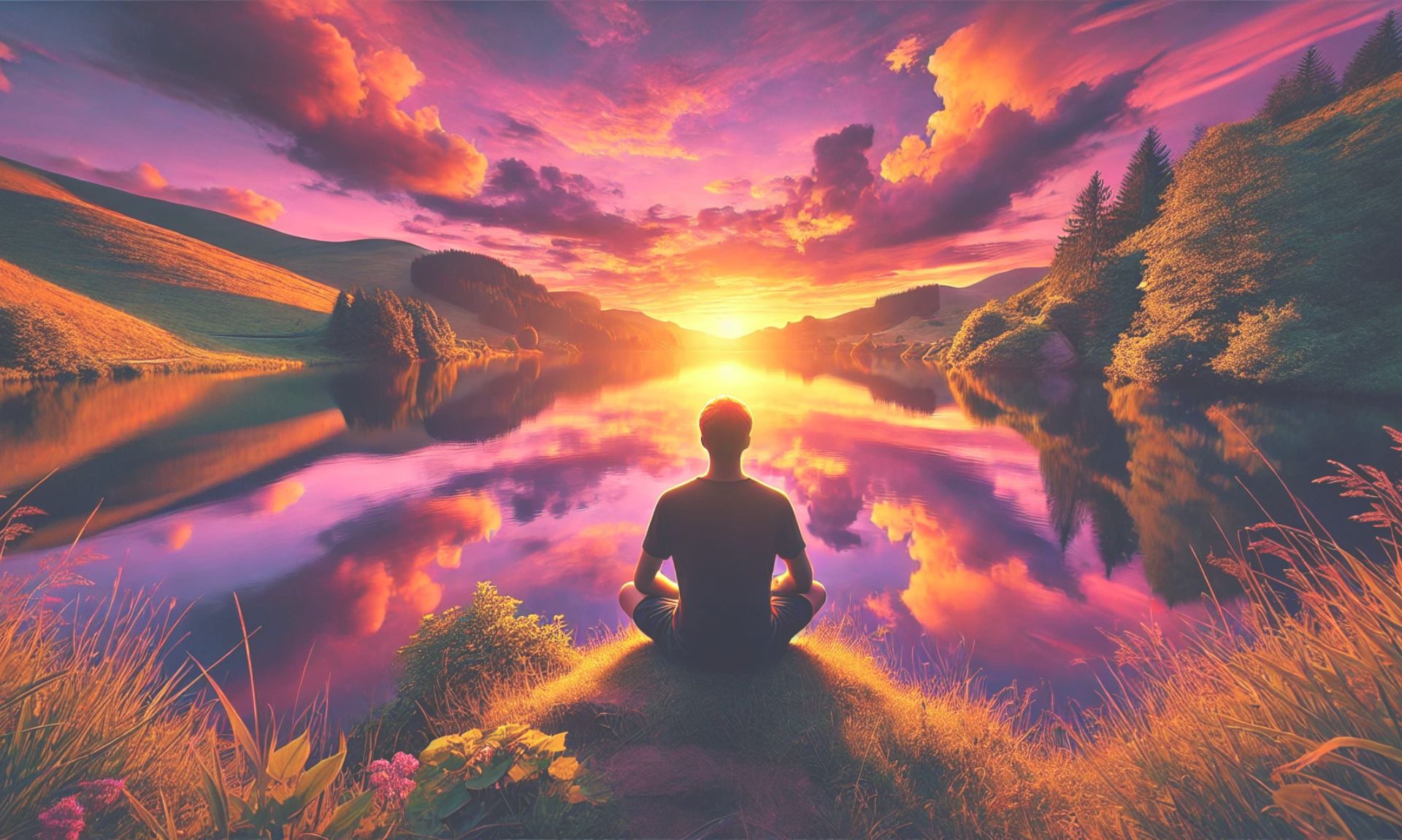 A surreal image of a person sitting peacefully by a calm lake during a vibrant sunset, with their eyes closed and a serene expression. The lake reflects the warm colors of the sunset, including shades of orange, pink, and purple, creating a mirror-like surface. The sky is mostly clear with a few soft clouds, and the surrounding nature includes lush greenery and gentle hills, all bathed in golden light