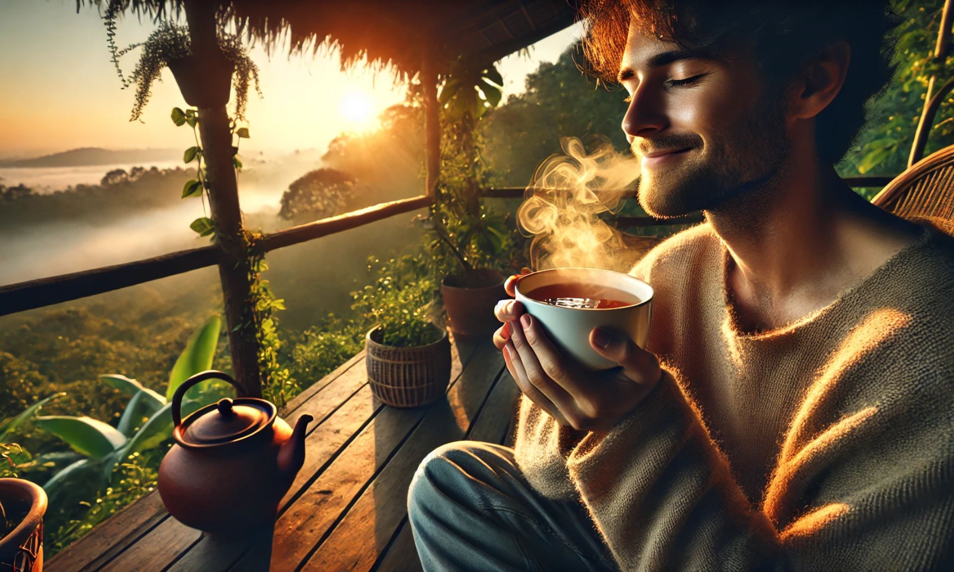 living in the moment makes you happier - A surreal close-up of a person smiling softly while holding a steaming cup of tea on a cozy porch, with the sun rising behind distant trees.