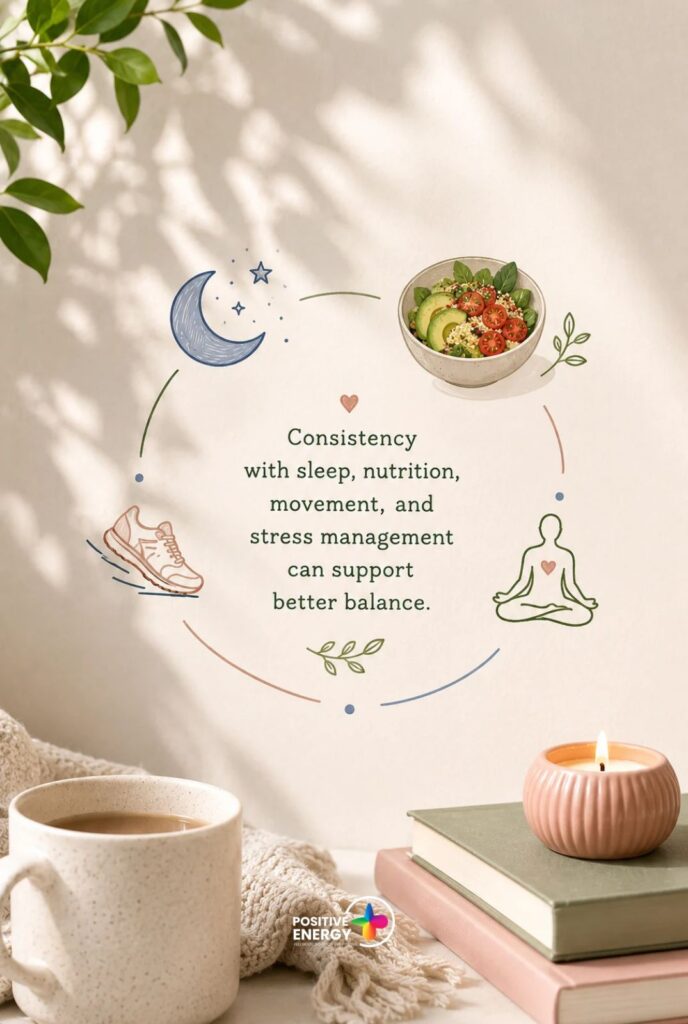 Consistency with sleep, nutrition, movement, and stress management can support better balance