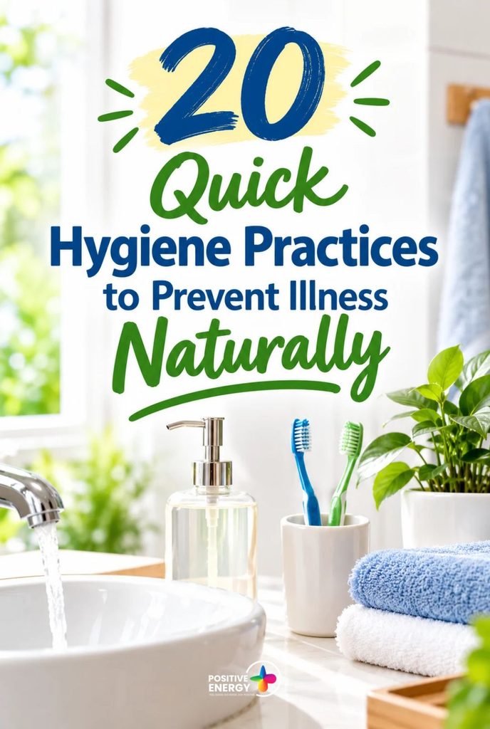 Pinterest image featuring 20 quick hygiene practices to prevent illness naturally, with a clean bathroom sink, soap, toothbrushes, and fresh towels.