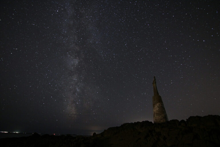 Star-filled night sky with the Milky Way stretching overhead and a distant statue silhouetted on rocky ground, symbolizing the mystery behind horoscopes and cosmic guidance.