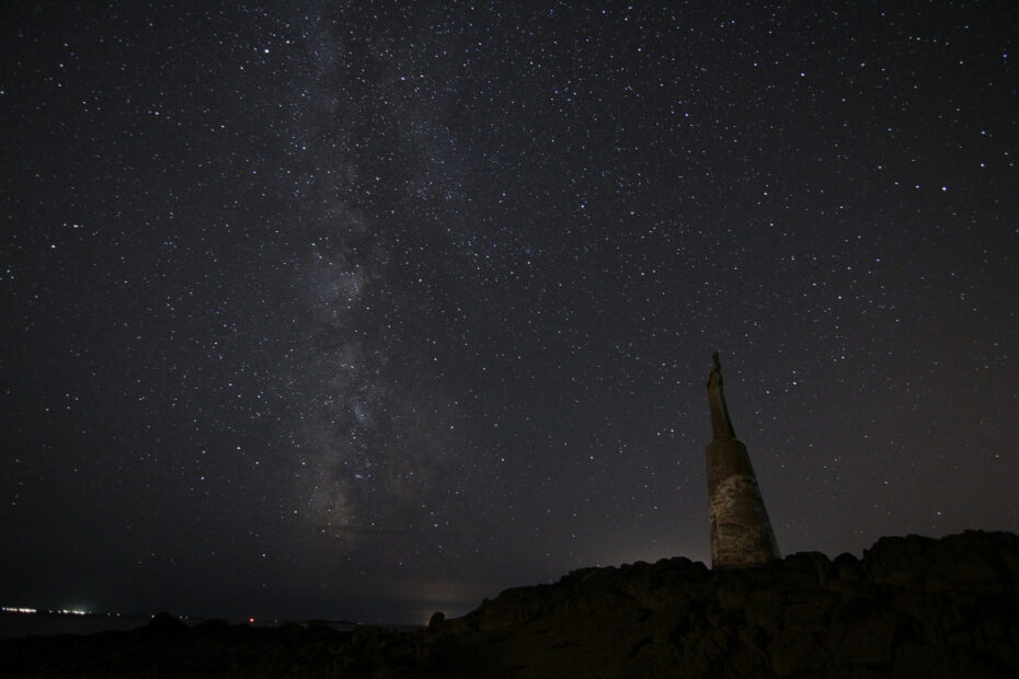 Star-filled night sky with the Milky Way stretching overhead and a distant statue silhouetted on rocky ground, symbolizing the mystery behind horoscopes and cosmic guidance.