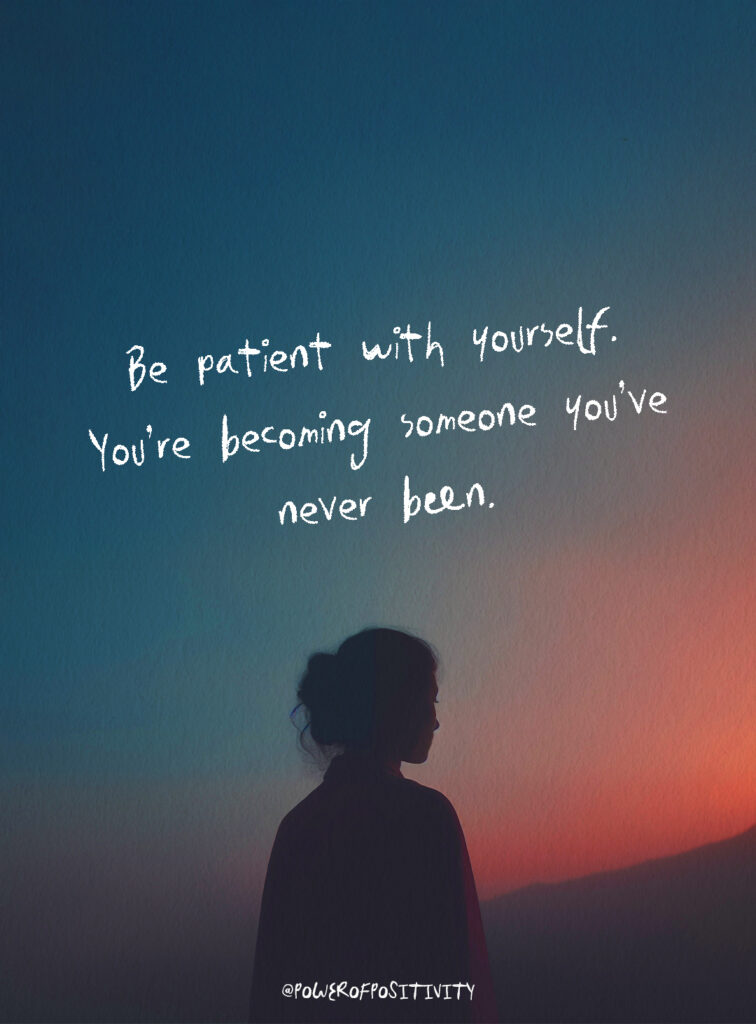 Silhouette of a person against a soft gradient sky with a quote about patience and growth, reflecting opinion sharing and self understanding