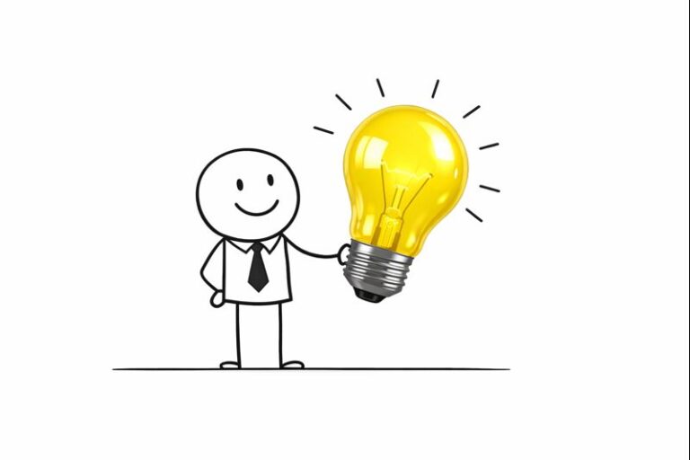 Playful minimalist illustration of a smiling office worker holding a glowing light bulb, representing opinion sharing and creative ideas