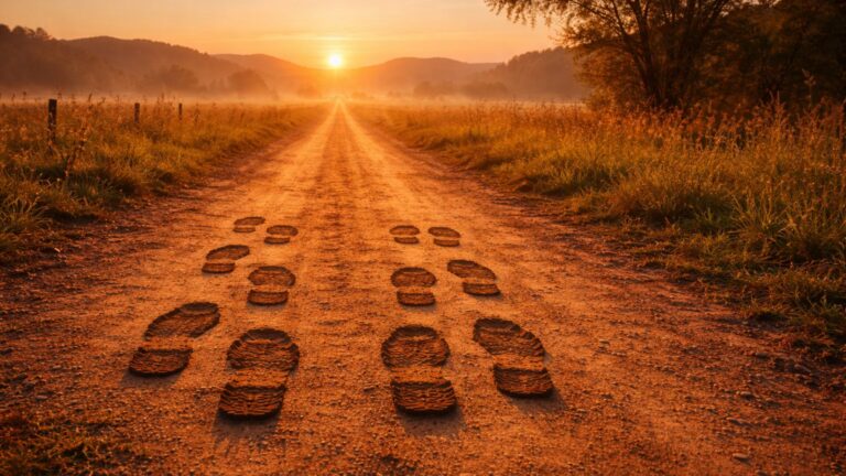 Two sets of footprints walking side by side on a dirt road at sunrise, symbolizing becoming a better friend with simple habits through a shared journey
