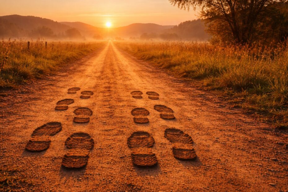 Two sets of footprints walking side by side on a dirt road at sunrise, symbolizing becoming a better friend with simple habits through a shared journey