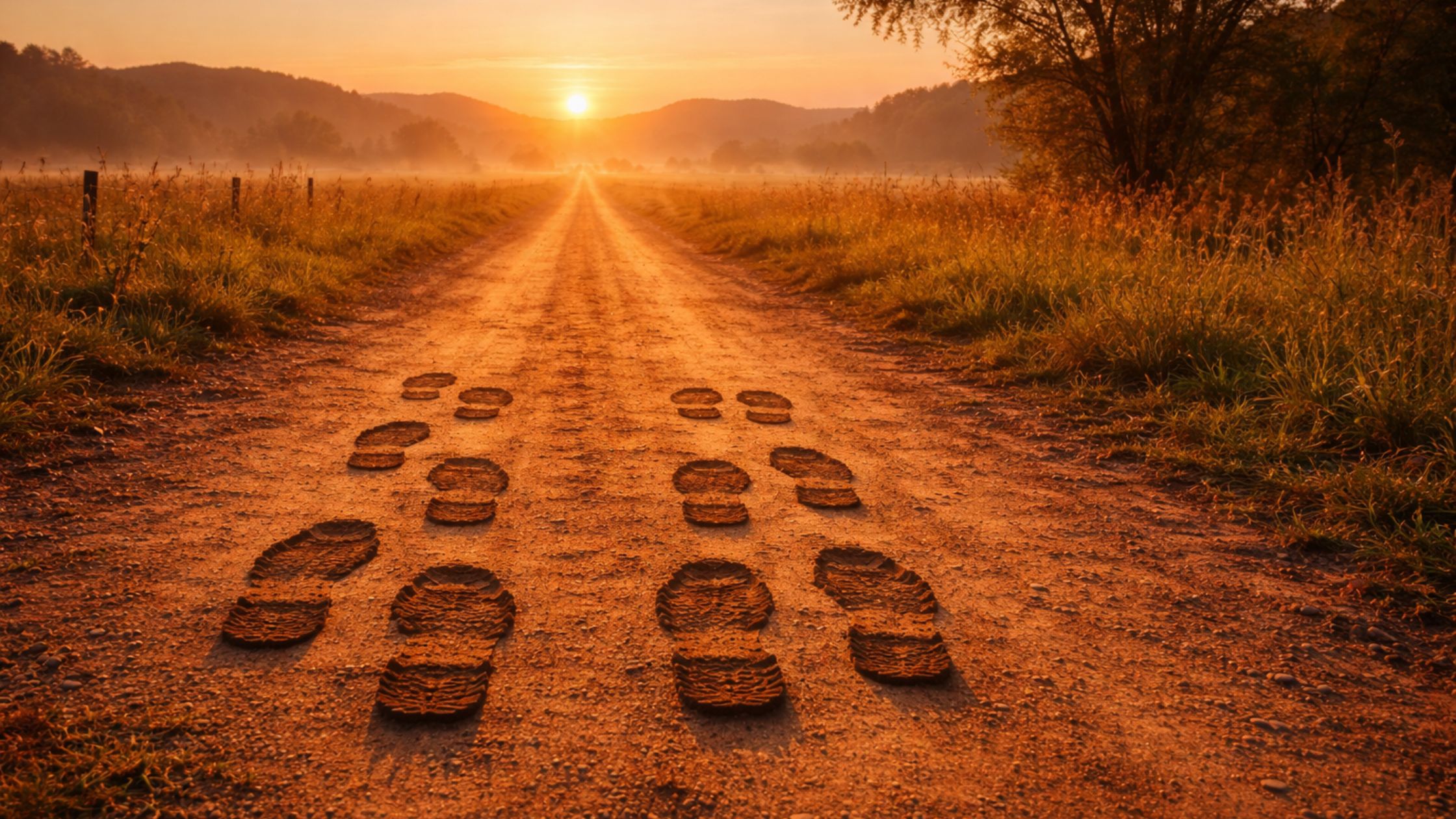 Two sets of footprints walking side by side on a dirt road at sunrise, symbolizing becoming a better friend with simple habits through a shared journey