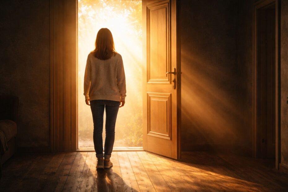 Person standing in a dark room facing an open door with warm sunlight, symbolizing letting go of unhealthy friendships and choosing peace