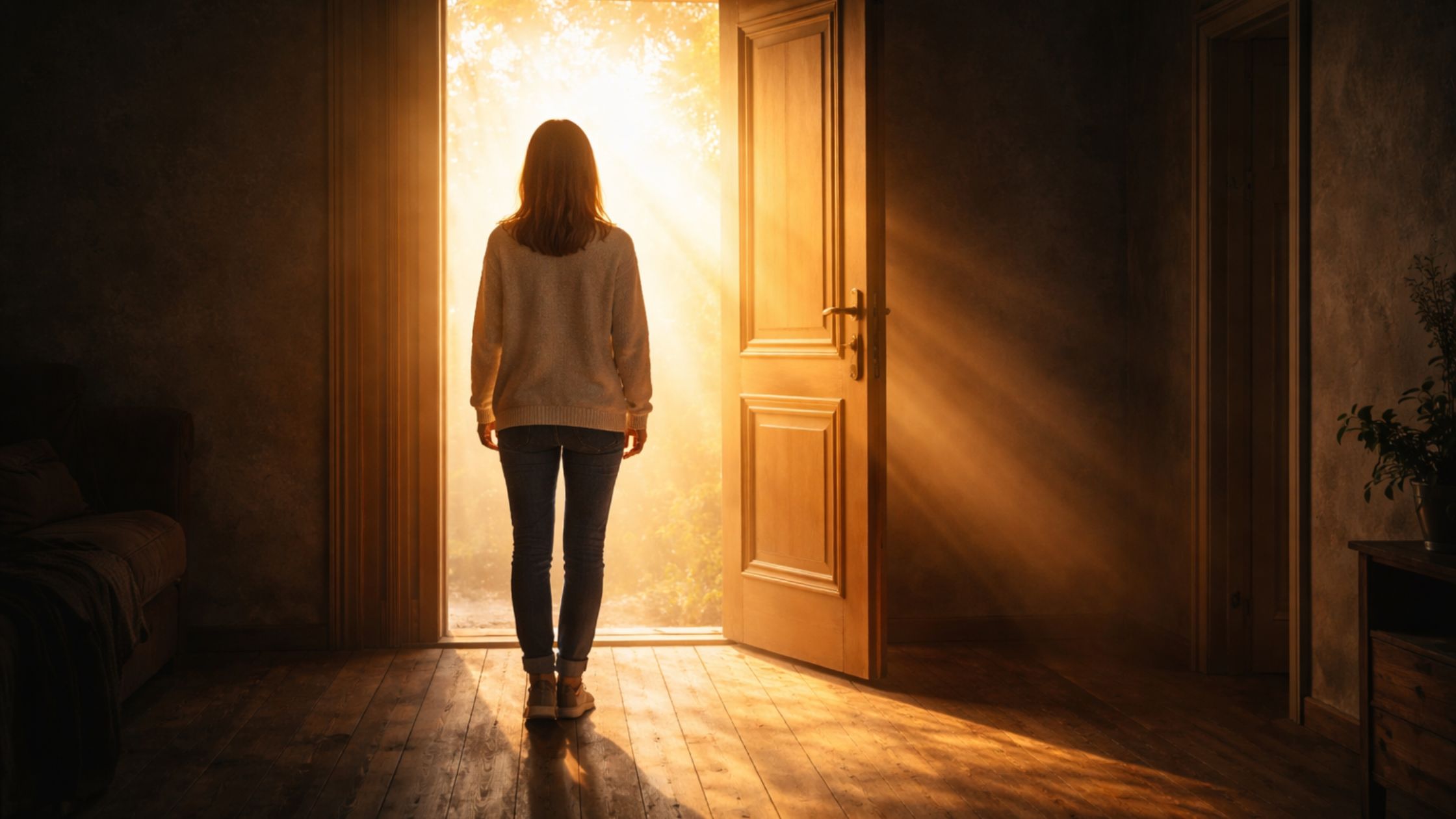 Person standing in a dark room facing an open door with warm sunlight, symbolizing letting go of unhealthy friendships and choosing peace