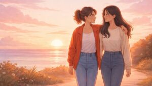 Illustration showing two friends walking together at sunset representing the qualities of healthy friendships and emotional support