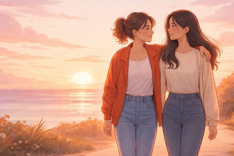 Illustration showing two friends walking together at sunset representing the qualities of healthy friendships and emotional support