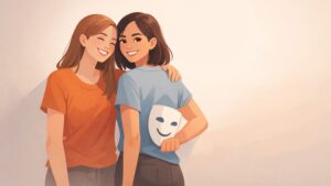 Spot Fake Friends concept illustration showing two smiling friends while one hides a mask behind their back, symbolizing fake friendship and hidden intentions, soft pastel flat style