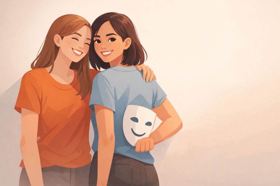 Spot Fake Friends concept illustration showing two smiling friends while one hides a mask behind their back, symbolizing fake friendship and hidden intentions, soft pastel flat style