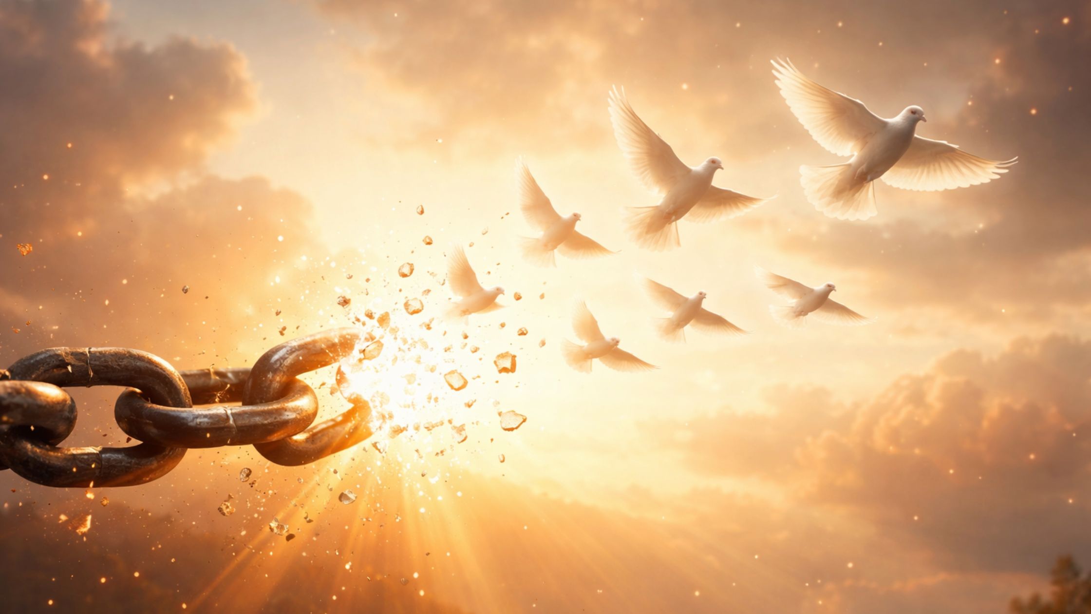 What Positive Energy Really Means concept showing broken chains turning into white birds with light in background symbolizing freedom and hope